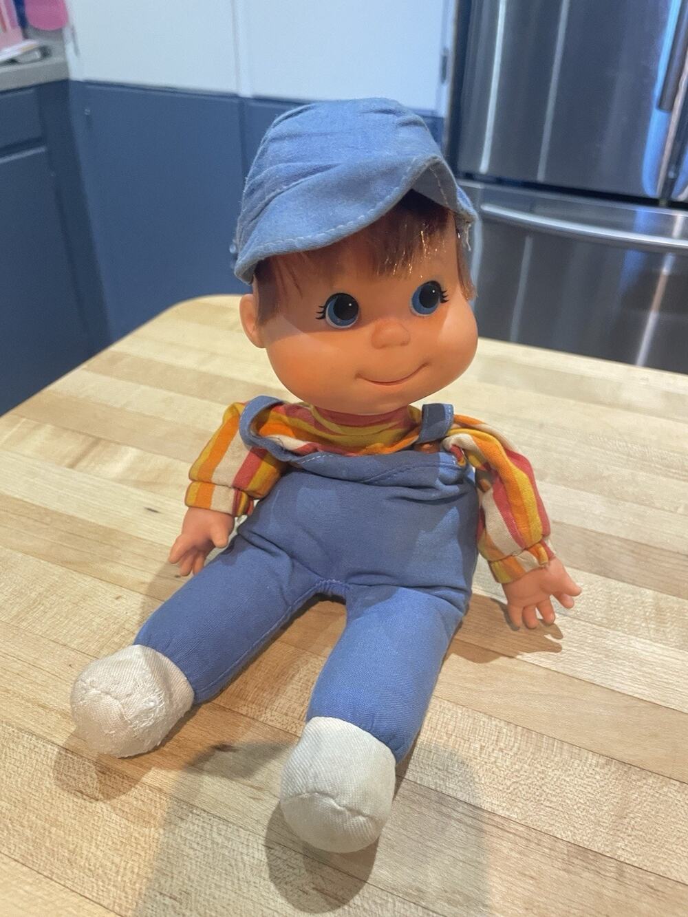 Vintage Mattel Biffy Baby Beans Boy Beanbag Doll 12” Overalls Hat Conductor 1970